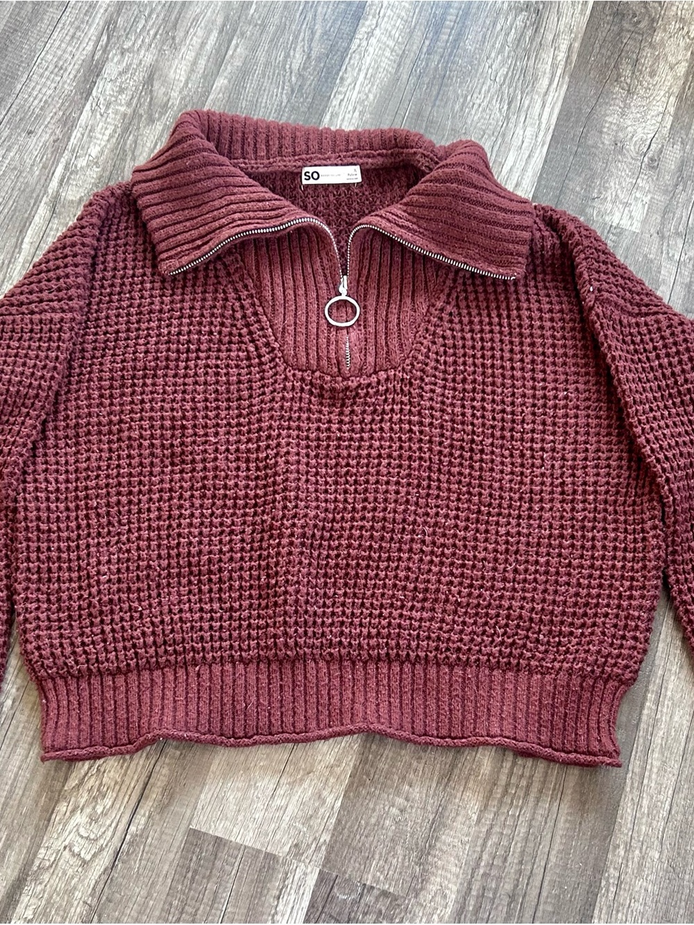 SO Women's Burgundy Waffle Knit Half-Zip Sweater
